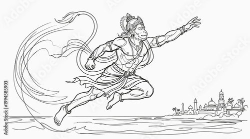 Mythical warrior leaping over water with a long flowing weapon and ancient city in background