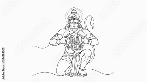 Intricate line drawing of a divine deity with traditional jewelry and expressive posture capturing spiritual essence