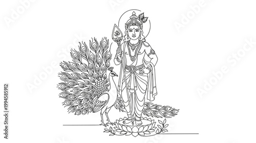 Intricate line art of divine goddess with peacock and halo demonstrating spiritual grace