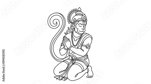 Intricate Line Art of Devotional Hindu Deity in a Traditional Pose with Symbolic Details