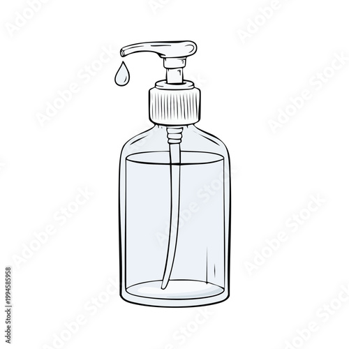 Clear plastic dispenser bottle with pump dispensing liquid hygiene product or sanitizer