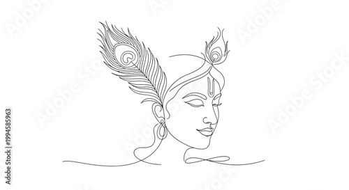 Elegant line art portrayal of a serene woman with peacock feathers embodied in a minimalist style capturing femininity and