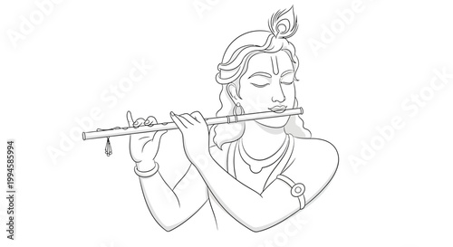 Serene depiction of a traditional Indian musician playing the flute with graceful elegance in a minimalist outline style