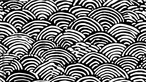 Japanese ripple pattern with hand drawn waves. Black and white seamless pattern forming abstract ripples or ocean waves
