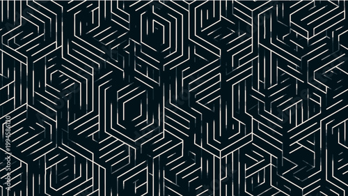 Abstract geometric pattern creating illusion of cubes. Repeating striped hexagons and rectangles forming a complex isometric structure