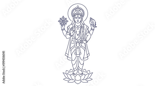Intricate Line Drawing of a Multi-Armed Deity Standing on a Lotus Flower