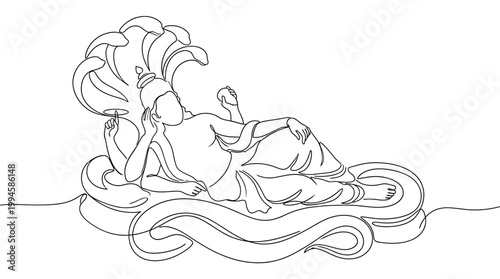 Elegant line art illustration of a reclining female figure amid flowing decorative elements for artistic design and creative