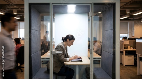 Professional working on tablet inside glass acoustic pod in modern office