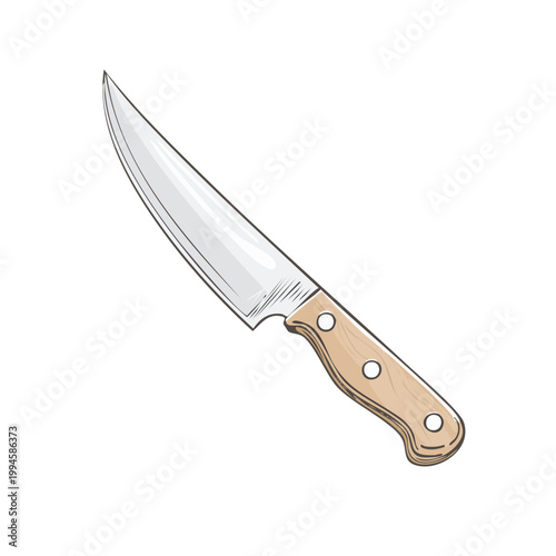Detailed Sketch of a Sharp Chef's Knife with a Wooden Handle Isolated on White