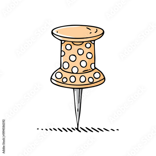 Hand drawn illustration of a polka dot thumbtack pin on white