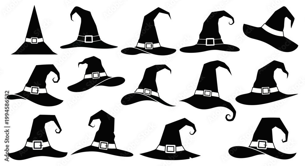 Fototapeta premium Witch Hats Collection Silhouettes - Halloween Costume Elements