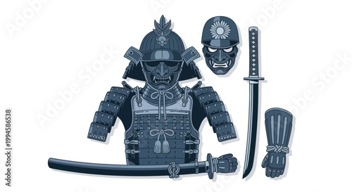 Samurai Armor and Katana Sword Pixel Art - Japanese Warrior Equipment