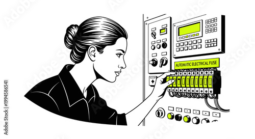 Woman Adjusting Electrical Fuse Box, Industrial Control Panel, Technician at Work