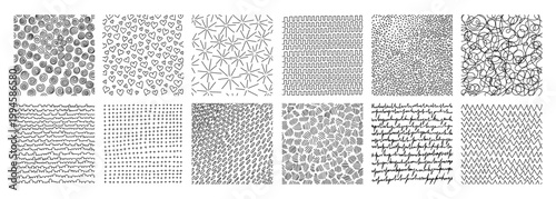 Crosshatch textures featuring hand-drawn line work and doodle pattern vector illustration set. Pencil sketch hatching with geometric grunge strokes, dots, and vintage scribble elements for background.
