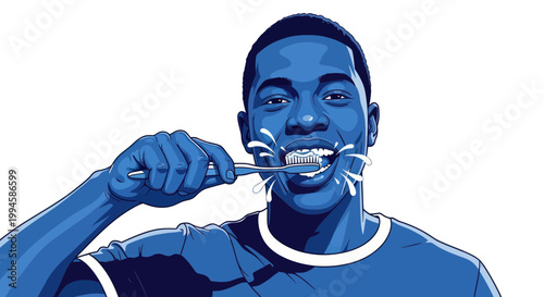 Man brushing teeth, close-up, hygiene, healthy smile, blue tones, white background