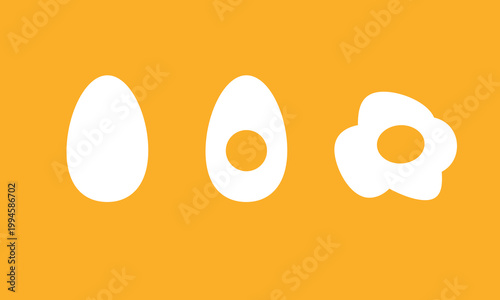 Set of flat minimalist vector illustrations of eggs including whole, boiled half, and fried sunny-side up on a yellow background