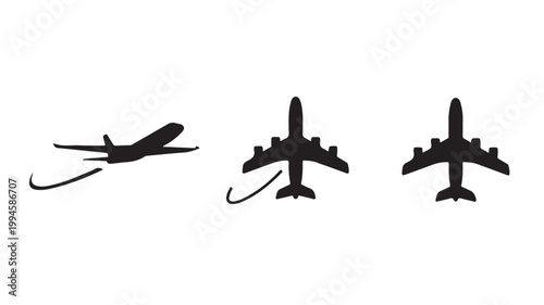 Airplane silhouette vector set, black aircraft icons for travel and aviation design, minimalist flying plane symbols on white background