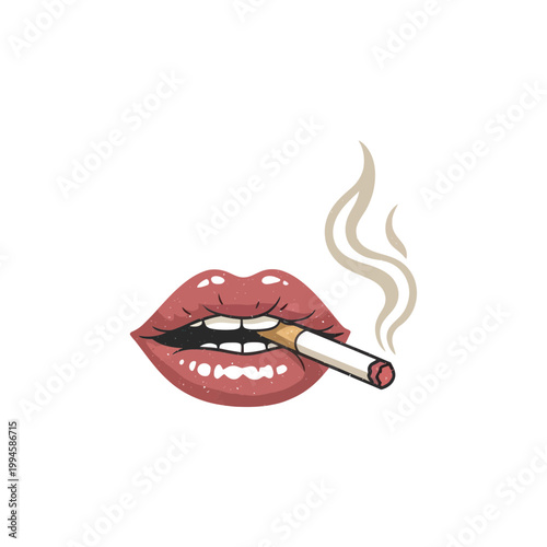 Glamorous Red Lips Smoking Cigarette with Smoke Wisps