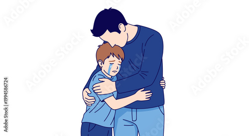 Father comforting crying son, hug, support, emotional connection, family love