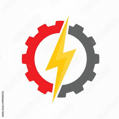 Gear logo with red and gray cogs, lightning bolt center icon and bright yellow energy concept design