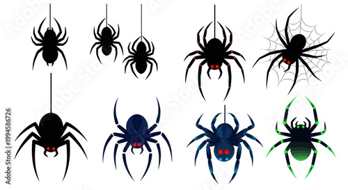 Halloween Spiders Set - Black Spooky Arachnids Hanging on Web Threads