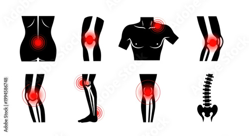 Human Body Pain Zones Icons: Joints, Spine, Muscles - Red Inflammation Circles