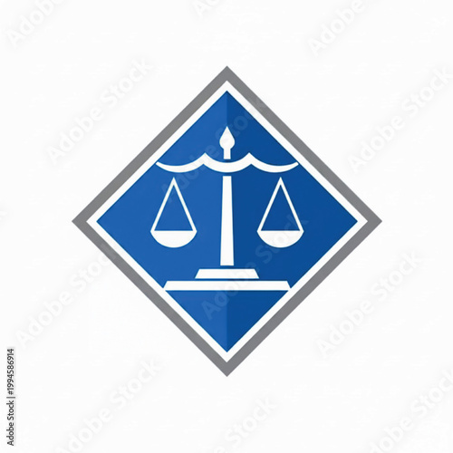 Scales of justice emblem with blue background and white balance icon inside a gray diamond border featuring court symbol, legal authority, fairness