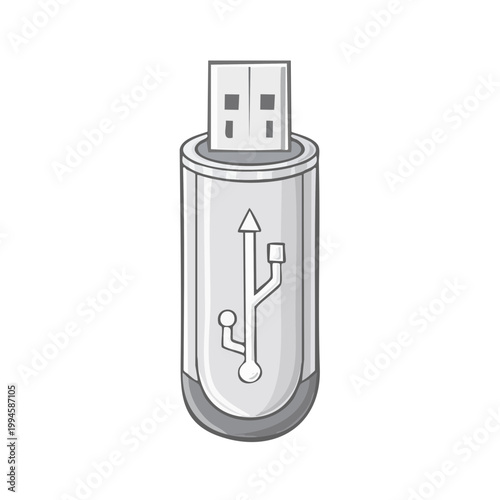 Silver USB flash drive with universal serial bus symbol for digital data storage