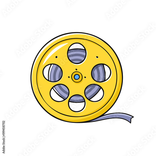 Vintage yellow film reel with gray film strip unwinding, graphic illustration
