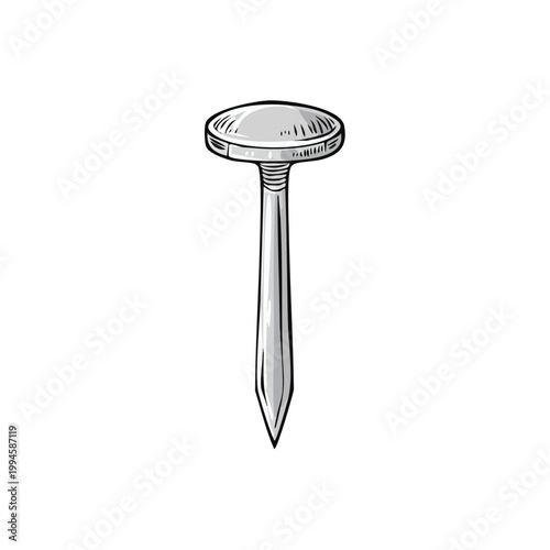 Hand Drawn Illustration of a Single Metal Finishing Nail with a Wide Flat Head and Sharp Point Isolated on White