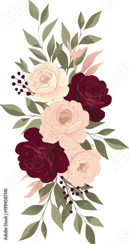 Watercolor floral border design with pink and red flowers and leaves on white background