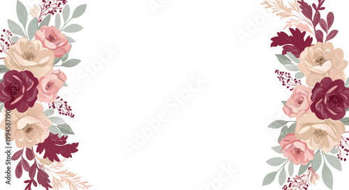 Vibrant tropical floral arrangement with pink hibiscus and purple leaves on white background