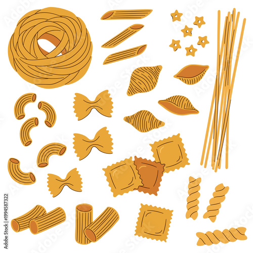 Italian pasta collection. Hand drawn spaghetti, penne, fusilli, farfalle and ravioli. Classic Italian cuisine concept for menu. Vector illustration isolated on white background