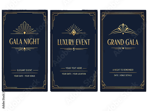 Print  Luxury Event Poster Vector Set – Gold Art Deco Design on Dark Navy Background