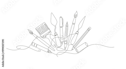Collection of artistic paint brushes tools.