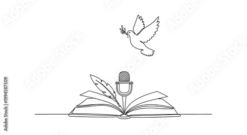 Dove flying over open book.