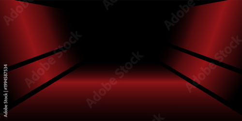 red neon-lit spaceship corridor on a dark background. Scene for advertising, showroom, technology, future, modern, garage. Vector illustration.