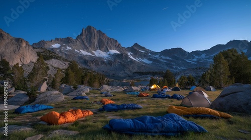 Outdoor night scene captures diverse astronomy enthusiasts in sleeping bags on mountain meadow, watching Perseid meteor shower peak with binoculars and star charts, documenting celestial events