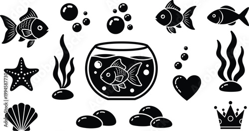 Aquarium Fish Silhouette Icons Set with Bowl Sea Symbols