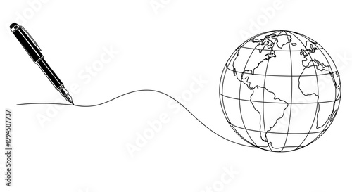 Globe with pen drawing earth.