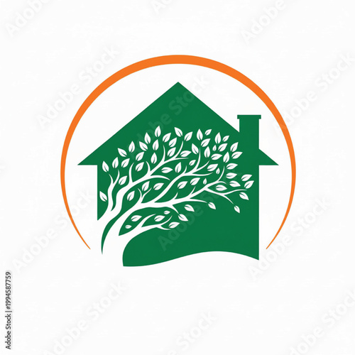 Home garden emblem with green roof, leaf tree canopy, and sustainable nature design inside orange circular badge