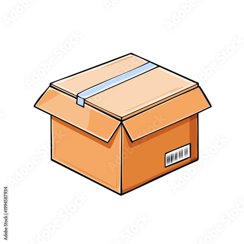 Open brown cardboard box with blue tape and barcode on white background