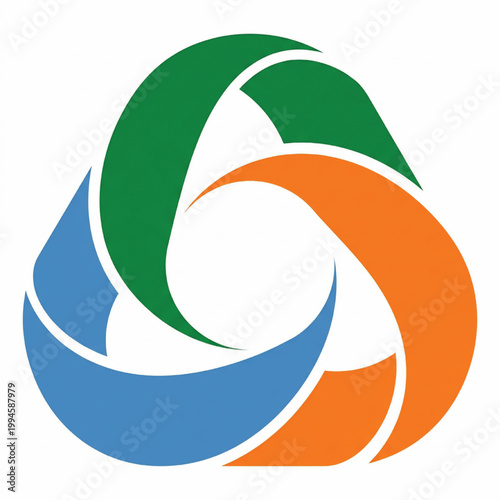 Handmade abstract logo design with three swirling shapes in green, blue, and orange for creative branding