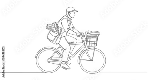 Man riding bicycle with basket.