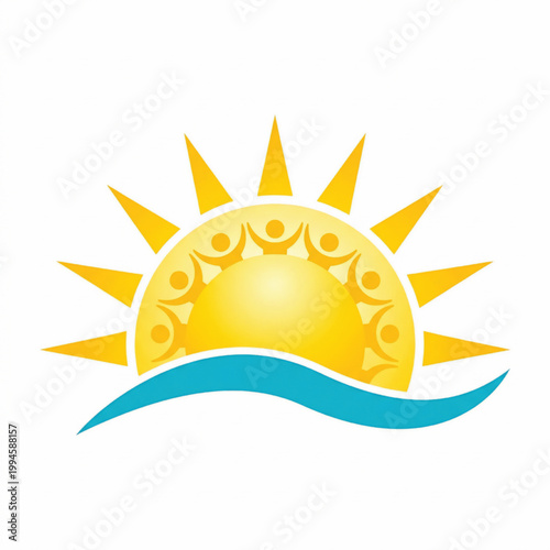 Sunrise emblem with golden sun rays and blue flowing wave, bright flat icon for travel, beach, and summer themes