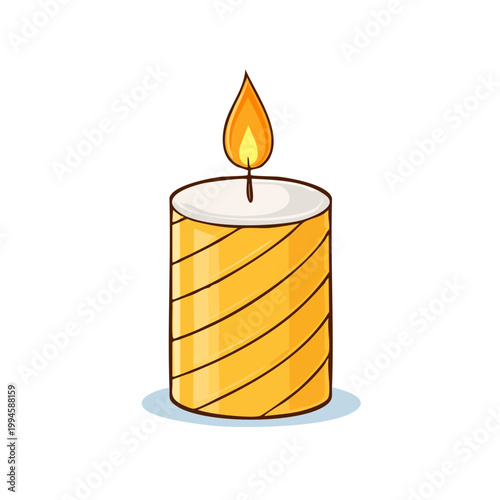 A lit candle with a bright flame and orange striped wax surface for illumination and decoration