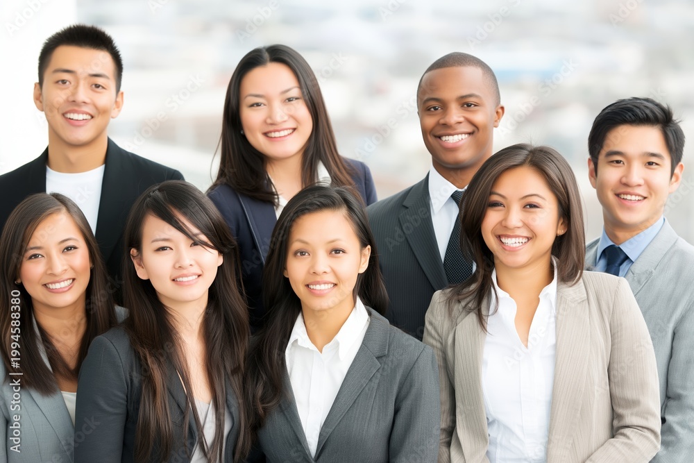 Fototapeta premium Diverse group of professionals posing together smiling representing teamwork success and inclusive workplace culture