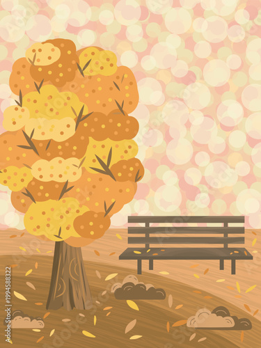 Autumn park with bench and falling leaves. Fall Tree illustration.