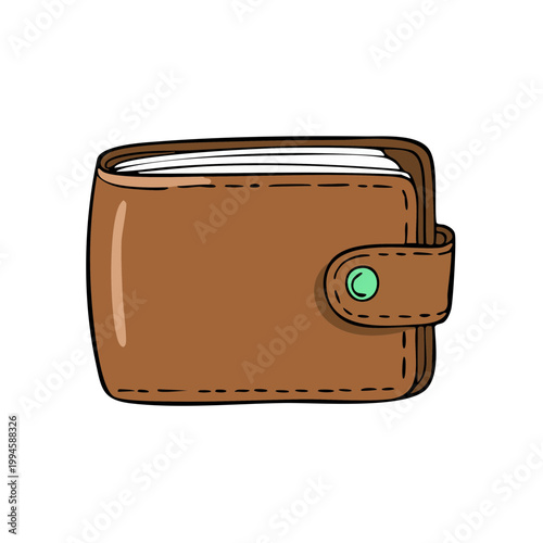 Simple brown leather wallet with button closure and white inside showing blank pages for design