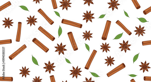 Seamless pattern with cinnamon sticks star anise and green leaves aromatic spice background for cooking design vector illustration